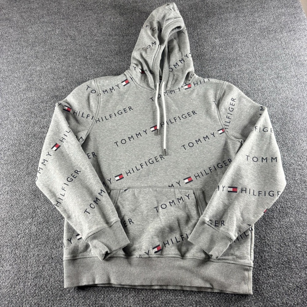 Tommy Hilfiger Hoodie Mens M Gray Fleece Pullover All Over Logo Sweatshirt